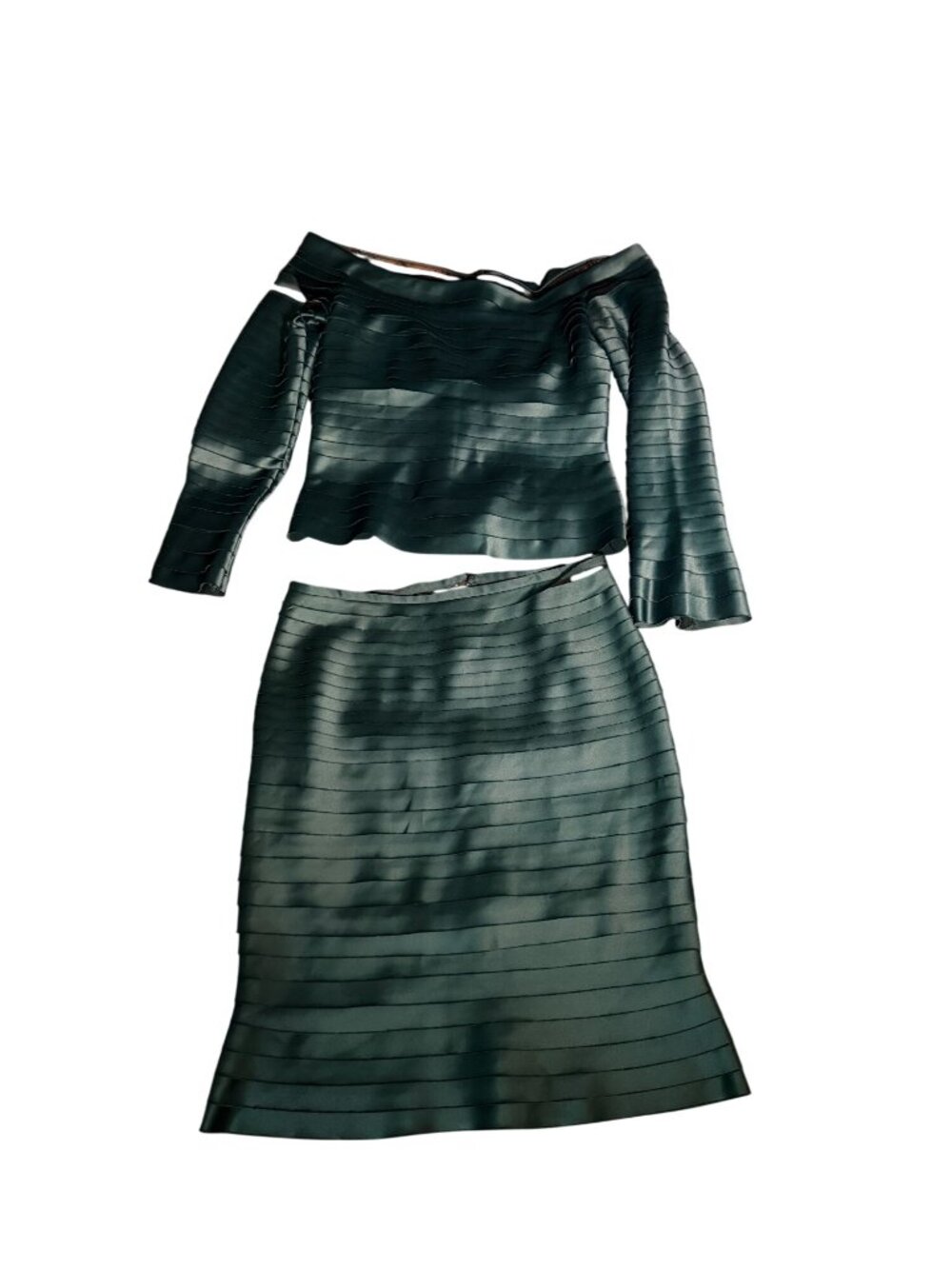 JS Collections Green Off-Shoulder Top & Pencil Skirt Set Womens Size 12 Elegant